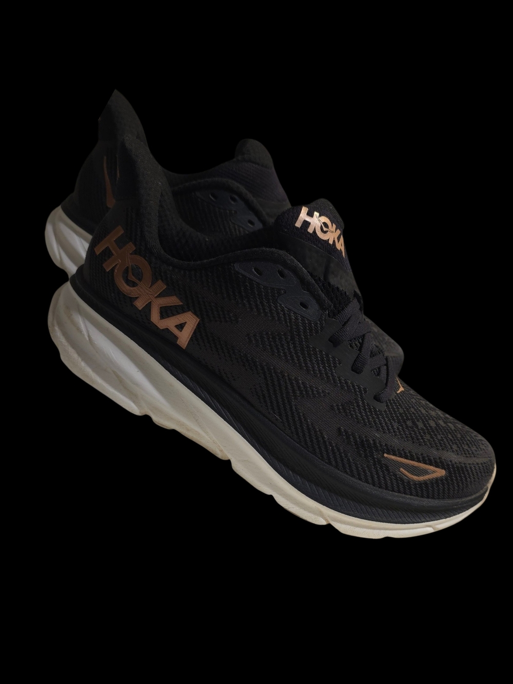 Hoka Clifton 9 Women's Black Running Shoes with Copper Accents